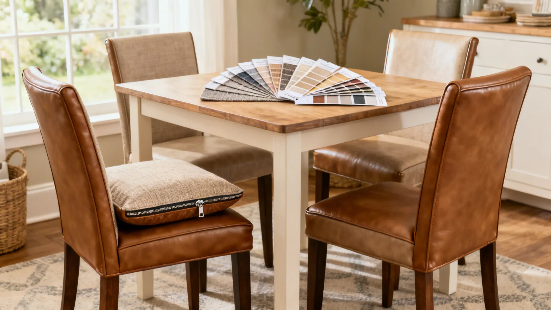 Staged dining room with faux leather chairs, sample swatches and a zippered cushion illustrating FAQ topics.