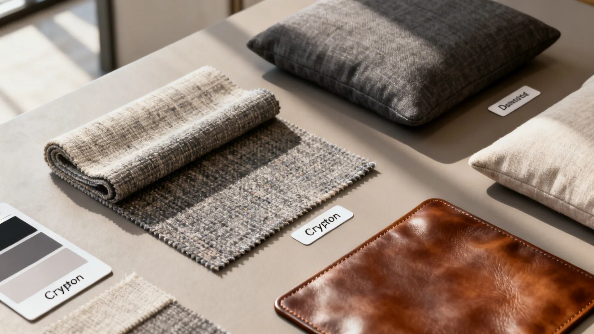 Flatlay of durable upholstery swatches including performance fabric, Crypton, leather, and removable covers.