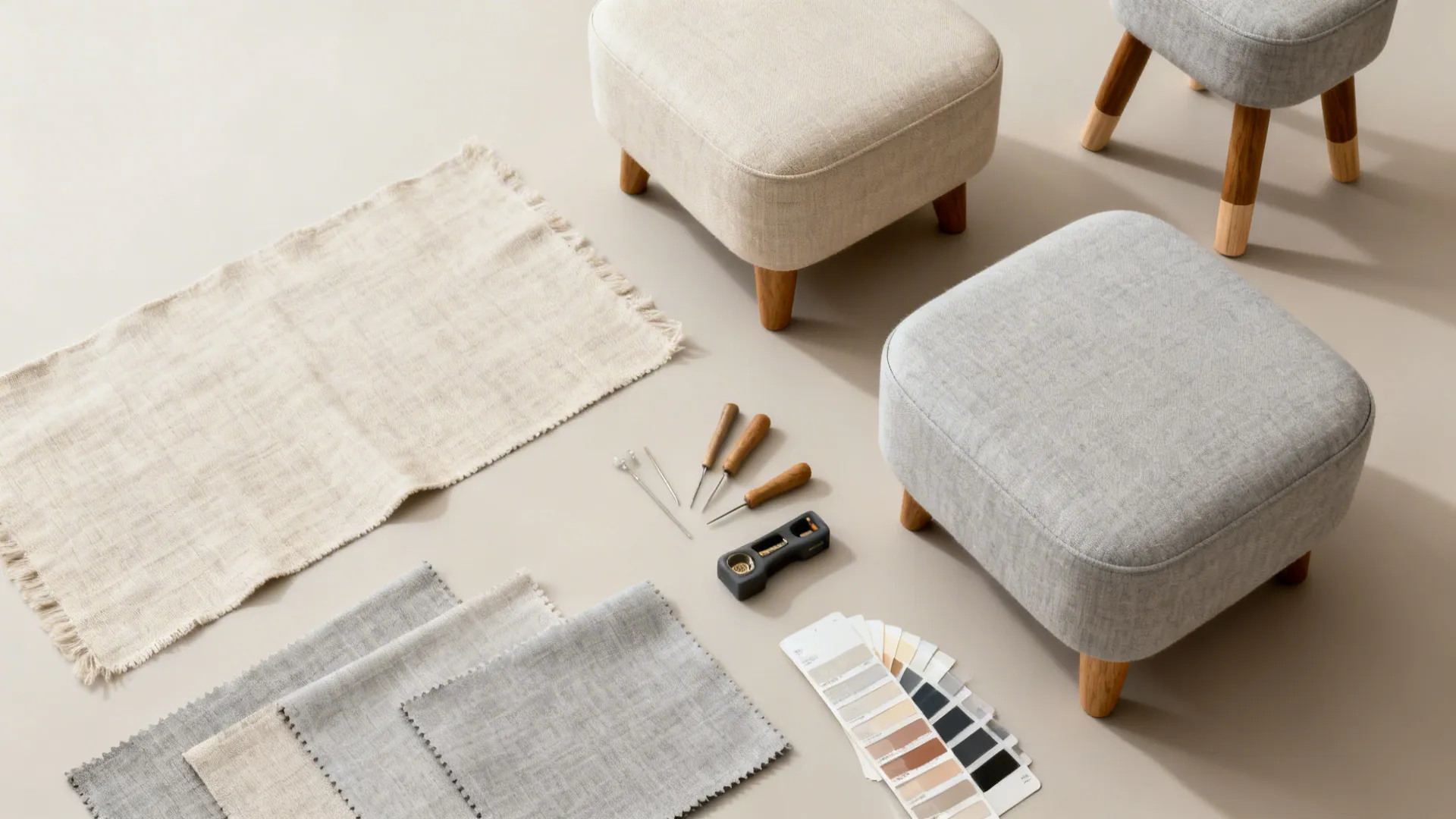 Flat lay of furniture tools fabric samples color cards and small gray and beige footrests