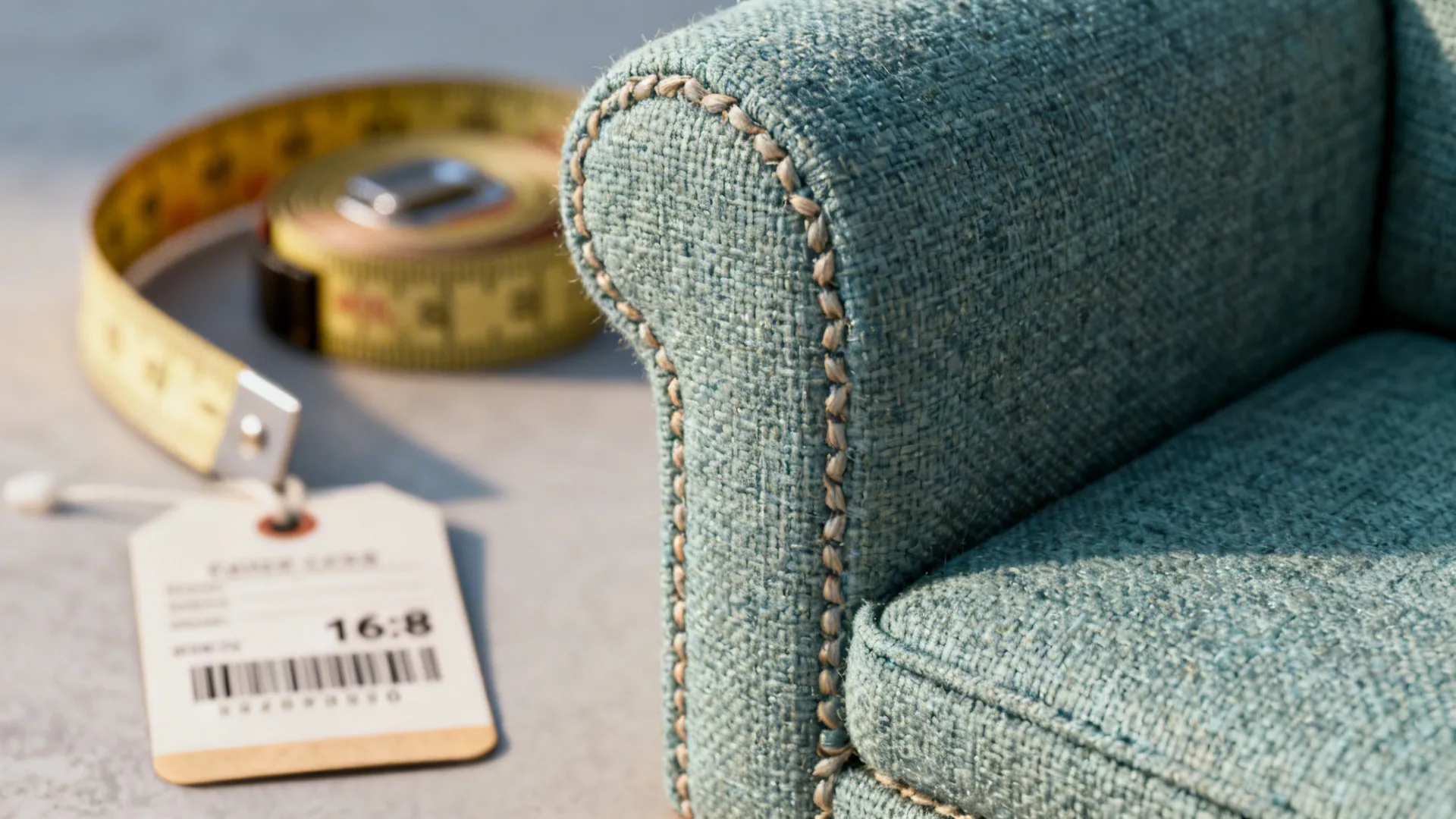 Macro of durable upholstery swatch with measuring tape emphasizing investment piece choice.