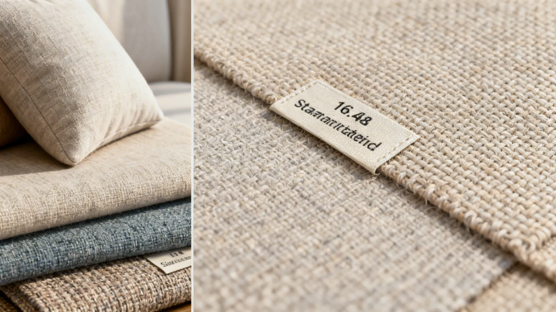 Upholstery swatches and cushion samples showing light to medium tones and tight-weave fabrics