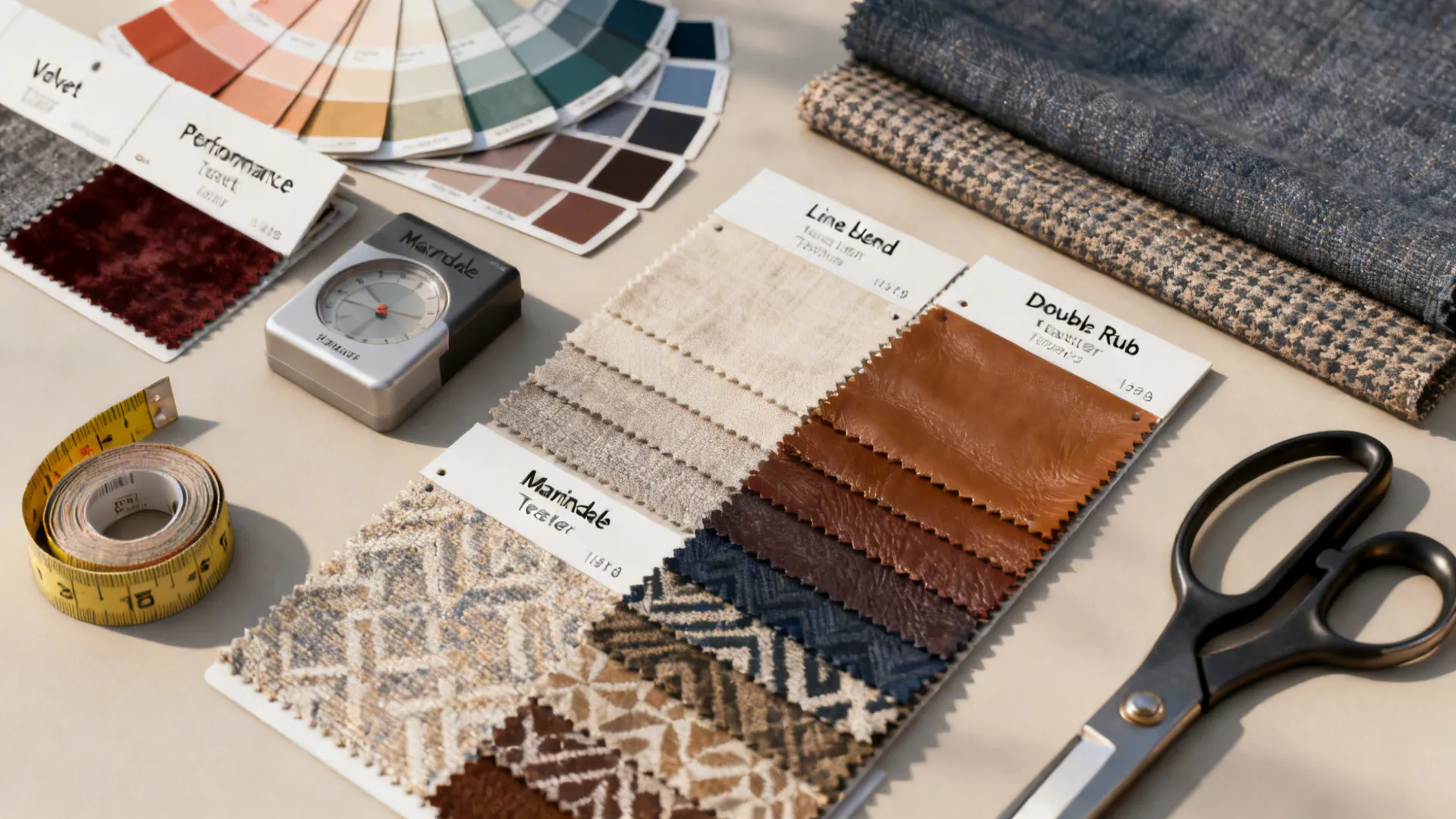 Flatlay of upholstery swatches, Martindale tester, tape measure and tools on a neutral surface.