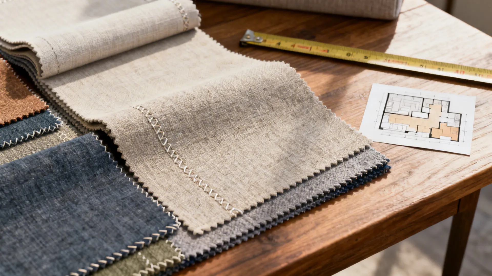Upholstery swatches, measuring tape and a small floor plan indicating fabric choices and measurements.