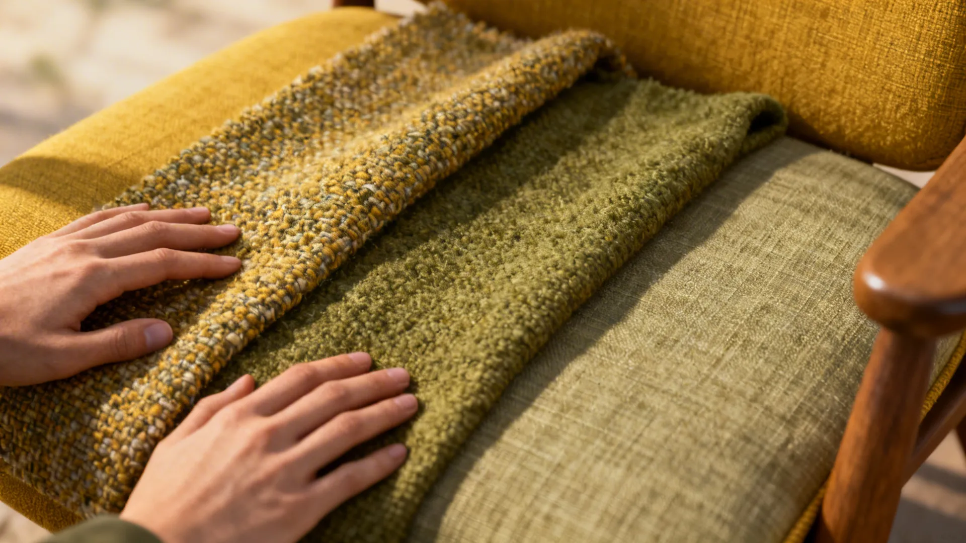 Hands touching green and yellow textured fabric samples placed on a wooden chair under sunlight