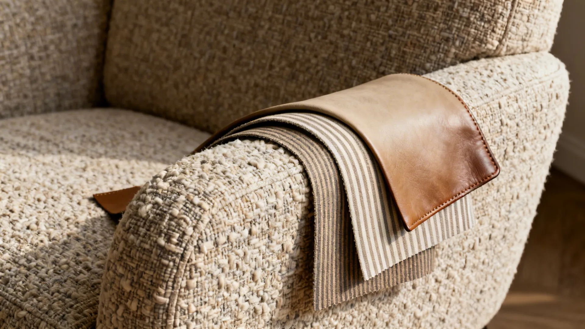 Close-up of boucle, tonal stripe, and leather upholstery swatches on an oversized chair highlighting scale and texture.
