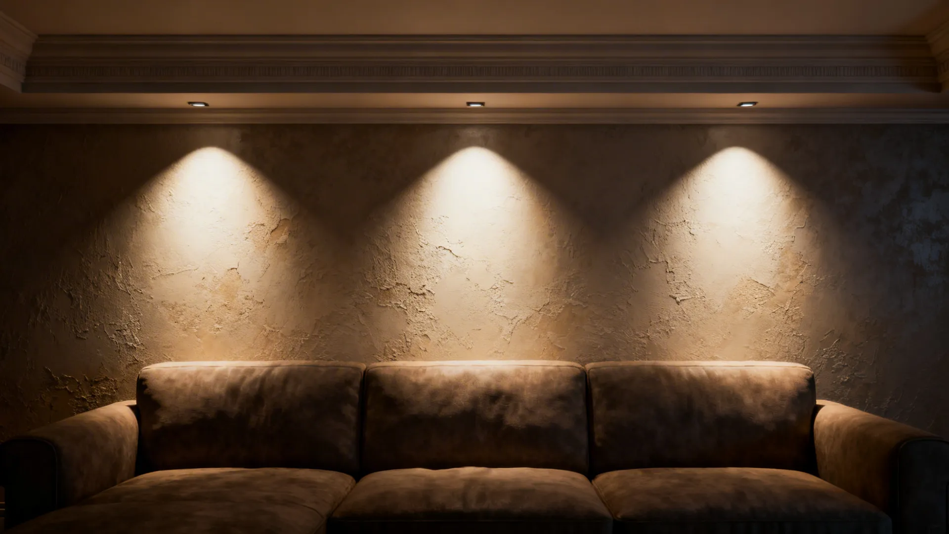 Accent wall illuminated by warm white uplights highlighting texture and molding.