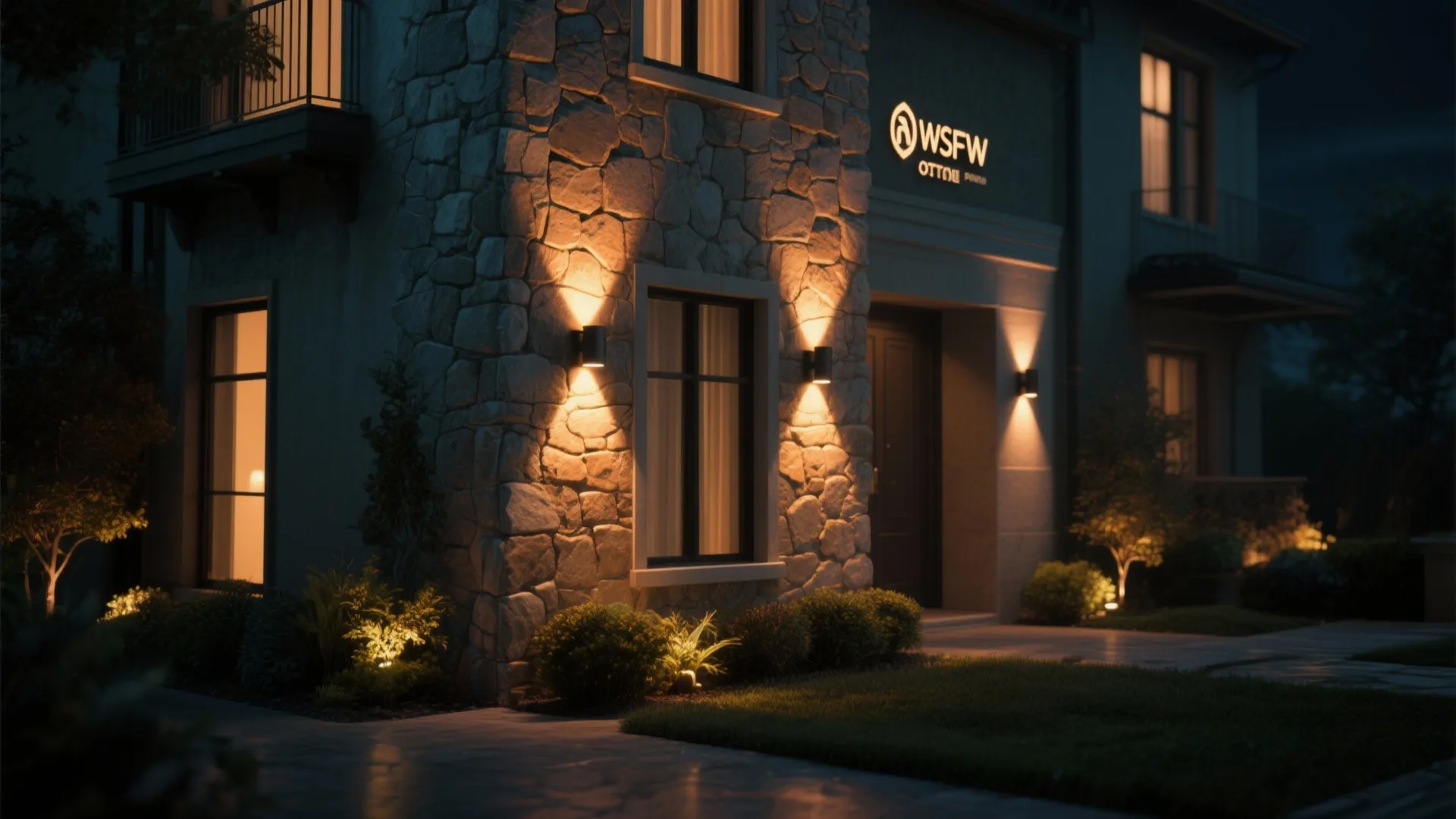 Modern stone house exterior at night with warm wall light fixtures illuminating the garden path