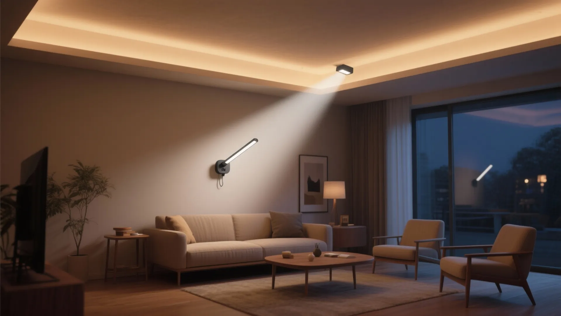 Low wall uplight washing a ceiling to create a taller feeling in a small living room