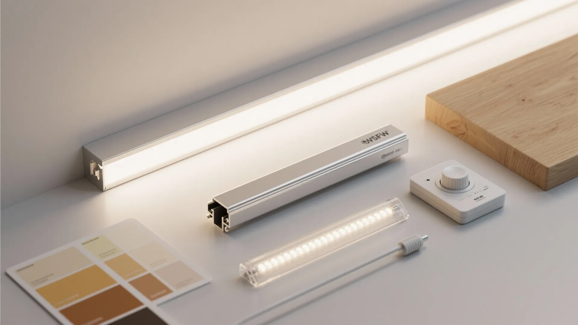 Flatlay of wall washer channel, linear diffuser, high-CRI LED strip, and dimmer for kids room lighting.