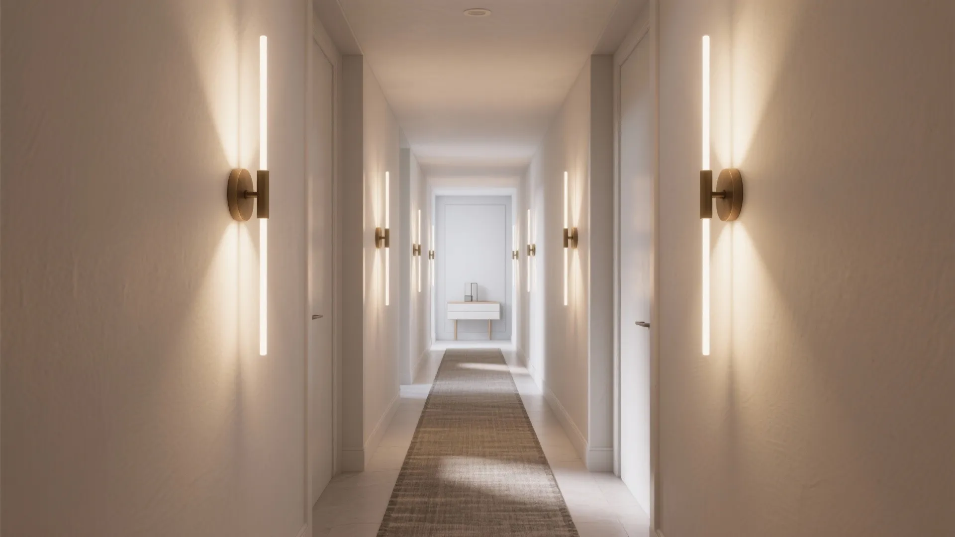 Modern white hallway with vertical wall lights on both sides leading to a white cabinet