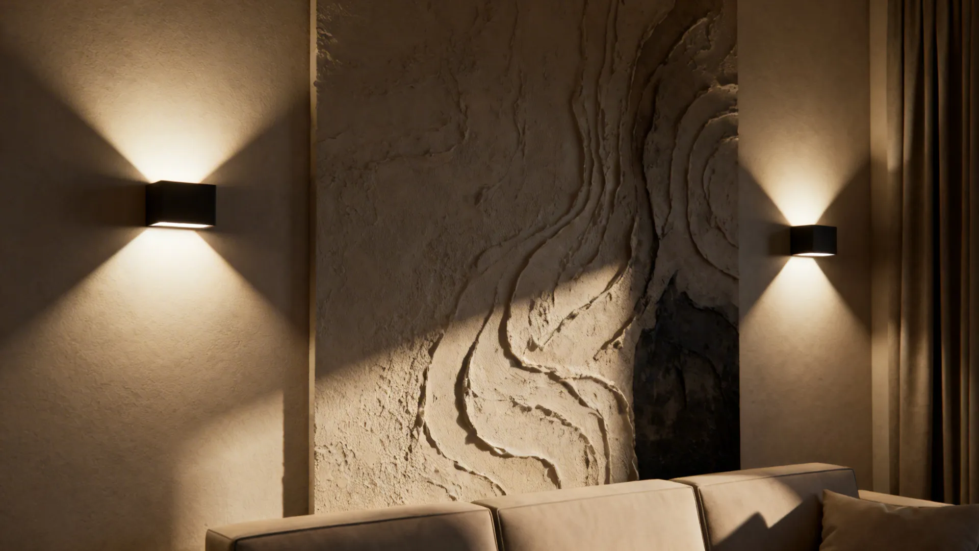 Wall with dual uplight and downlight LED sconces creating sculptural wall wash and ambient depth
