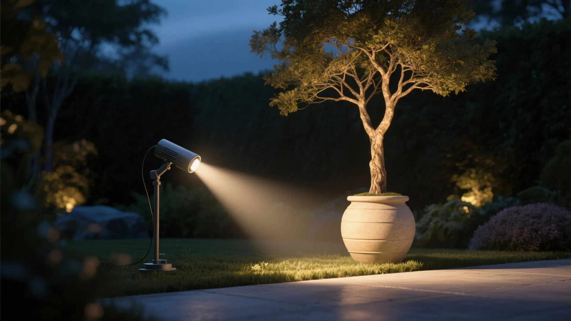 Adjustable spot uplight highlighting a specimen tree and sculptural pot in a small garden