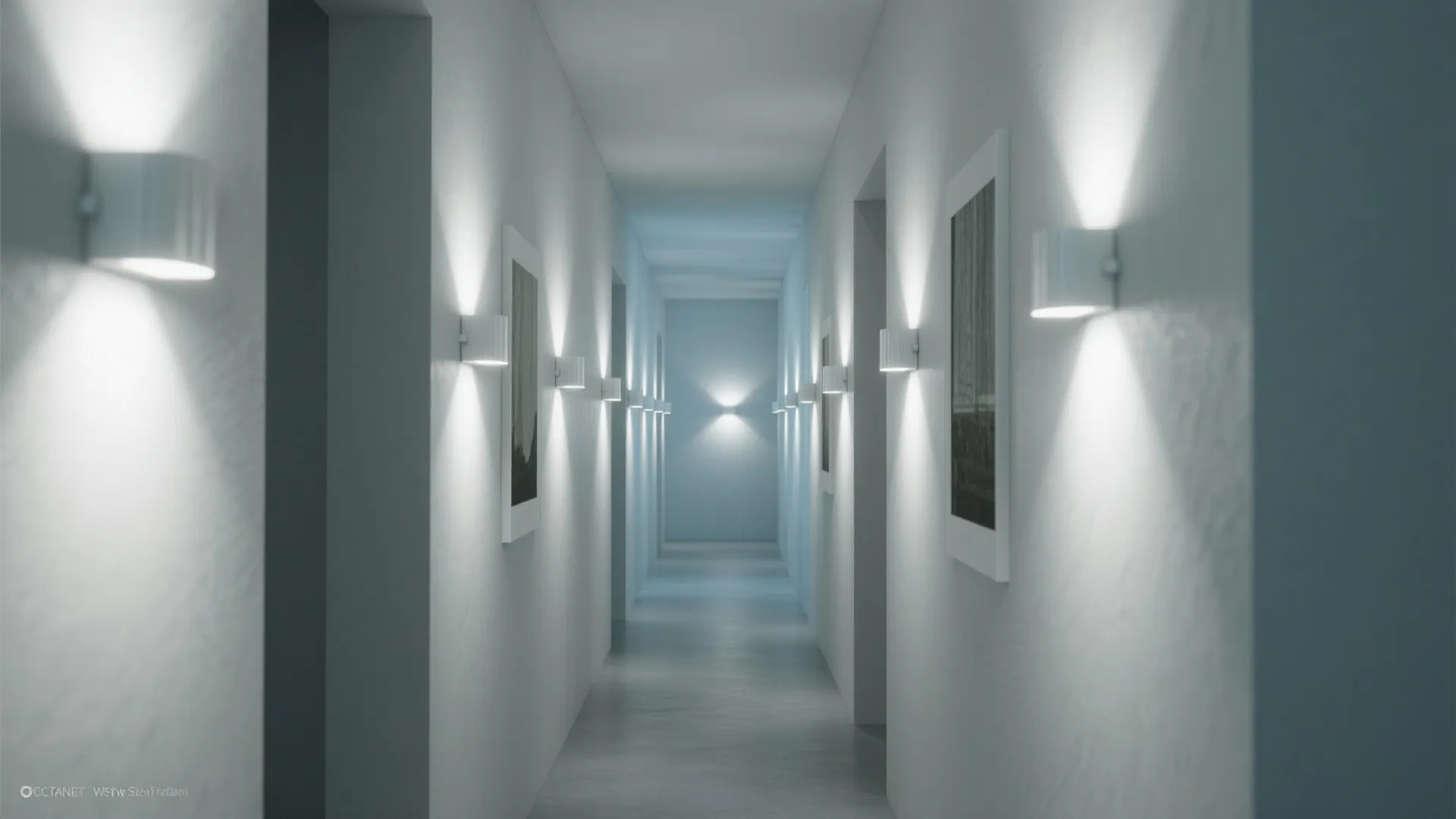 Narrow hallway with slim white uplight sconces that visually lift the ceiling