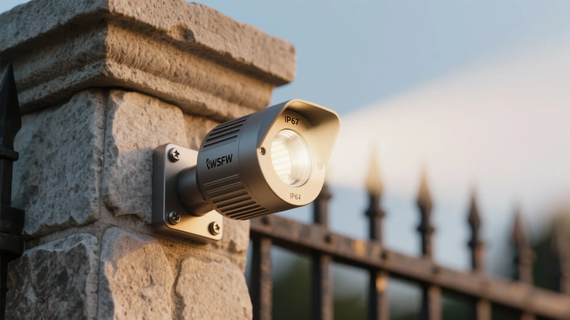 Close up of a small silver outdoor spotlight mounted on a stone pillar near metal fence