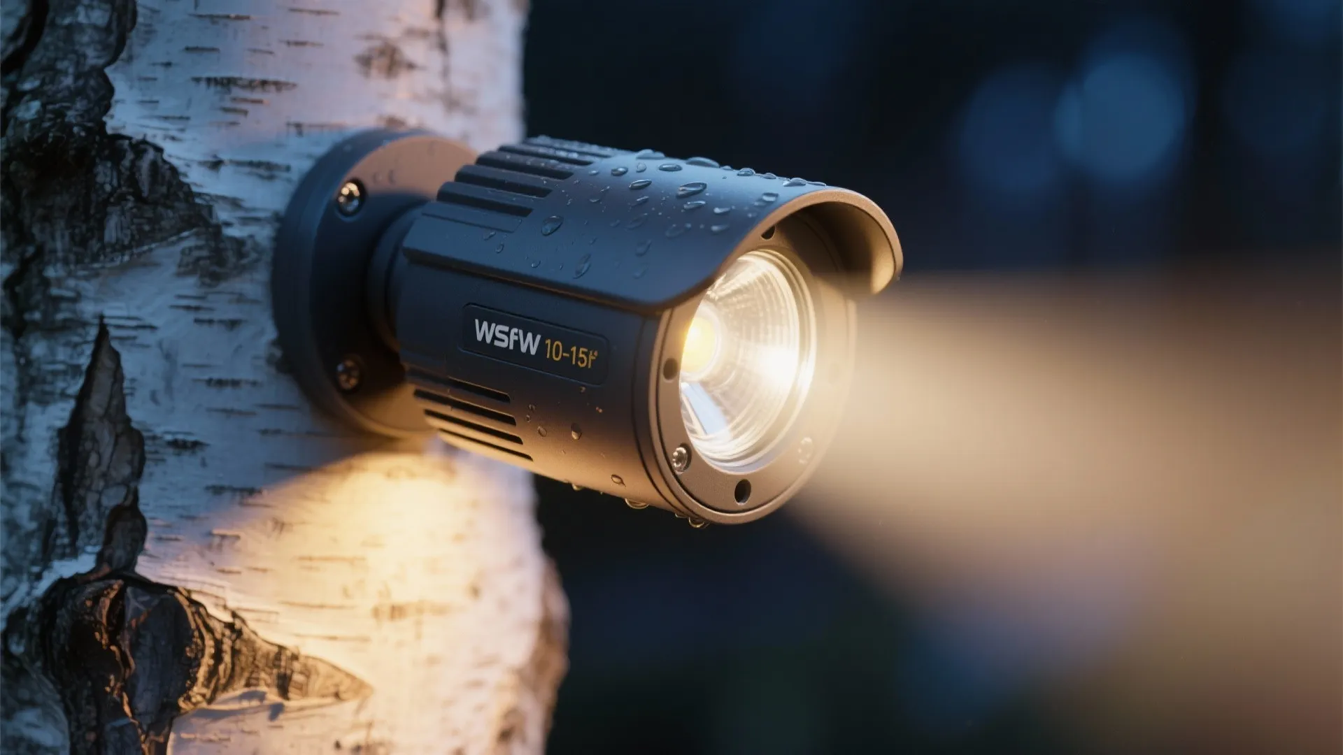 Macro of glare-shielded LED uplight casting a narrow beam onto birch bark.