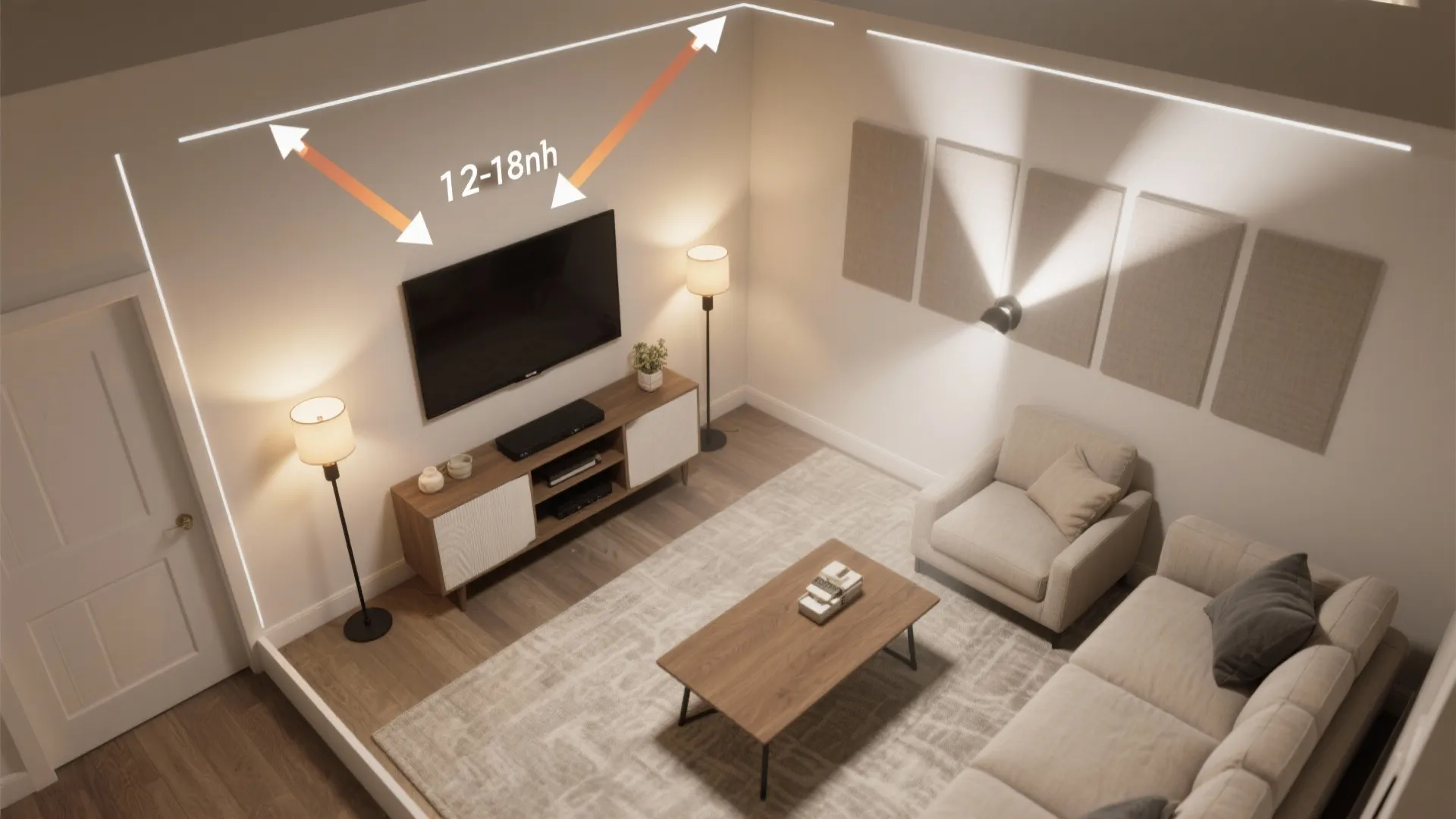 Top-down layout showing torchières placed near walls to bounce light off the ceiling away from the TV.