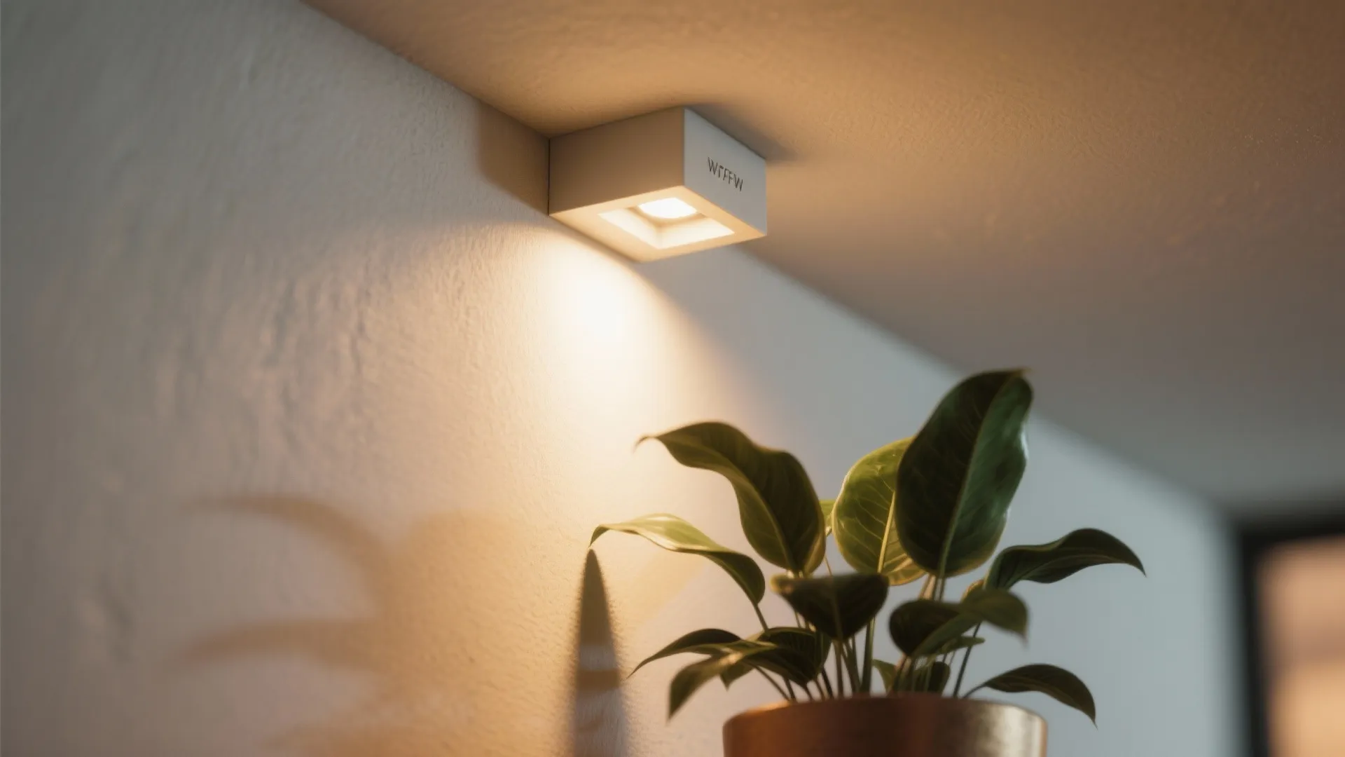 Small square wall light mounted on white wall shining light down onto a green plant