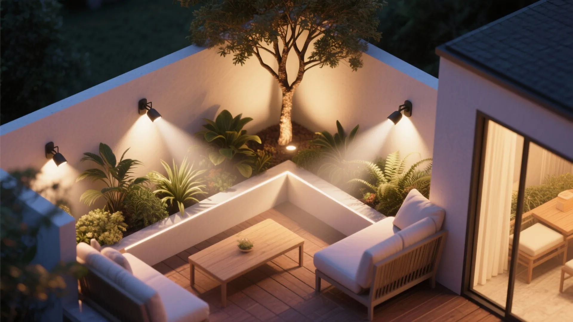 Modern backyard patio with wall light fixtures illuminating green plants and cozy wooden garden furniture