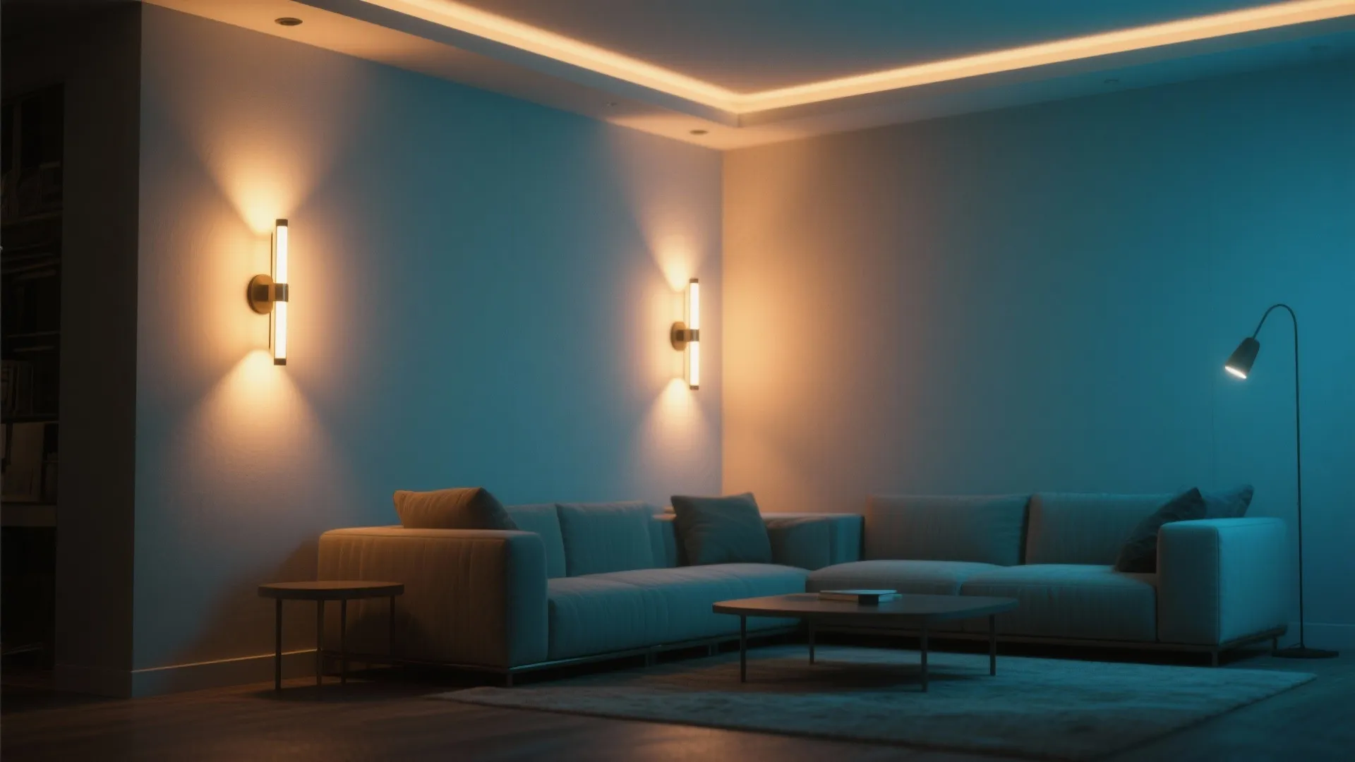 Cozy living room corner with a blue sofa and wall lights and a floor lamp