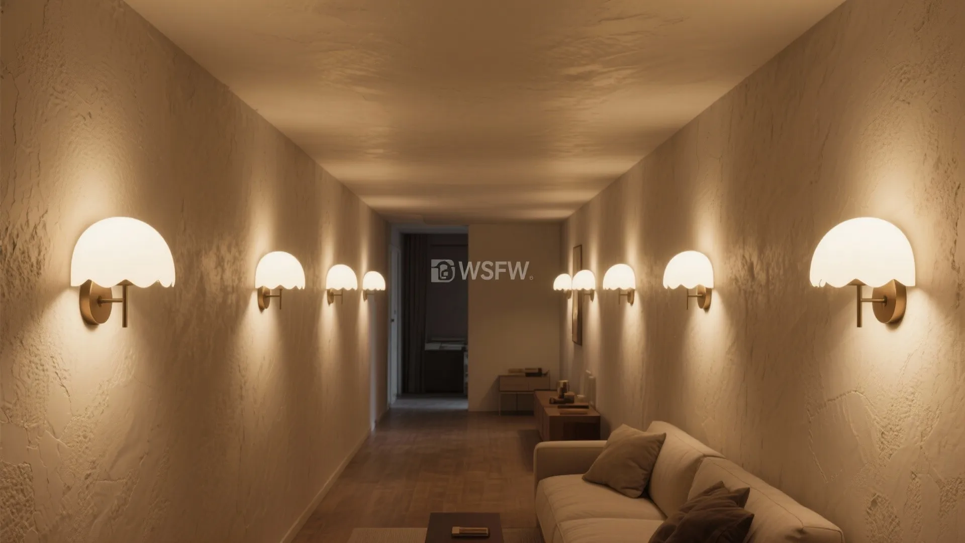 Scalloped uplight sconces wash light upward to make a low ceiling feel taller.