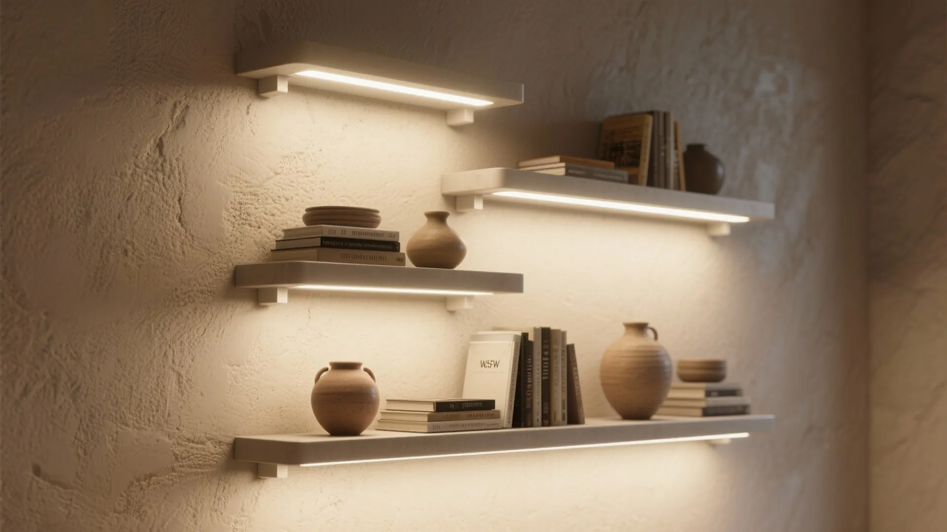 Modern wall shelves with warm built in light fixtures displaying small vases and various books