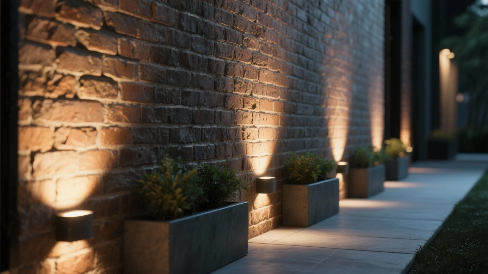Red brick wall at night with small wall lights and potted plants along outdoor path