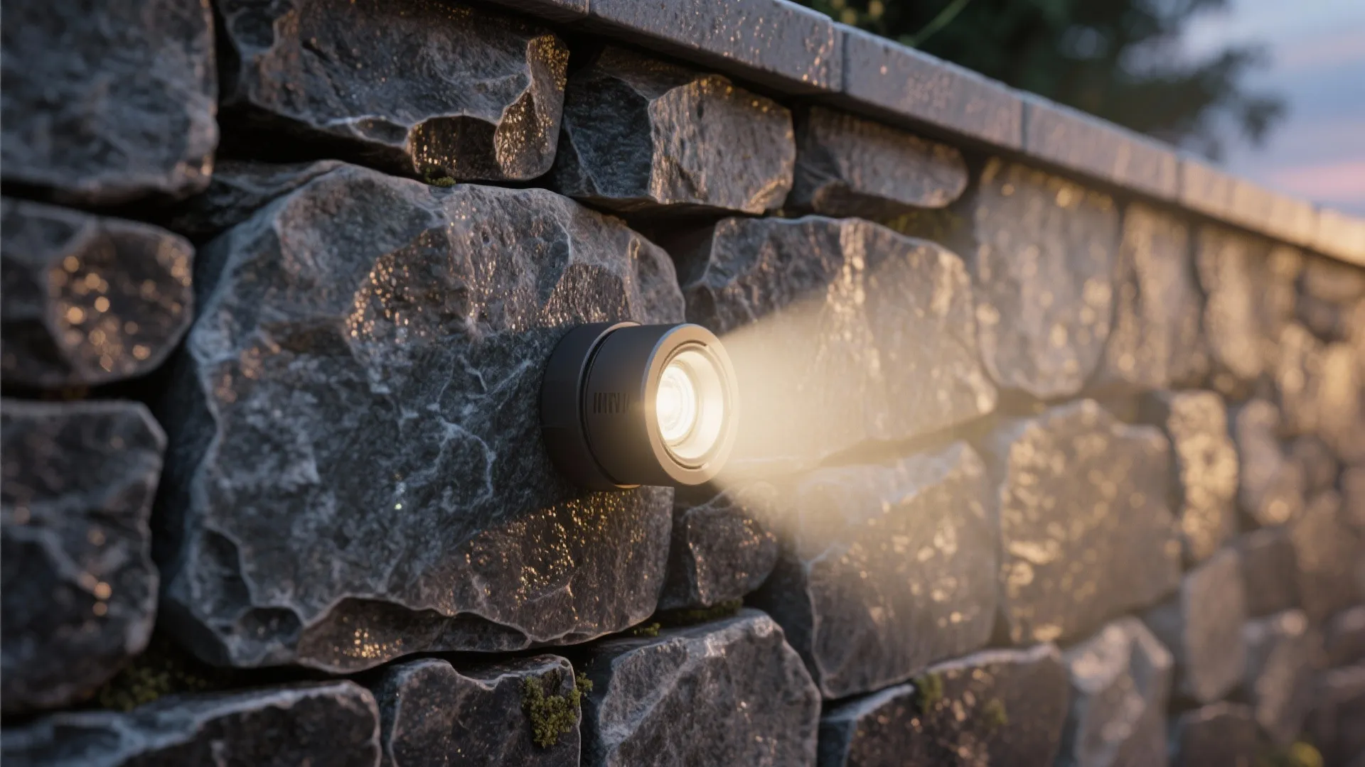 Close-up of a low-voltage uplight casting a narrow beam on a textured stone retaining wall at dusk.