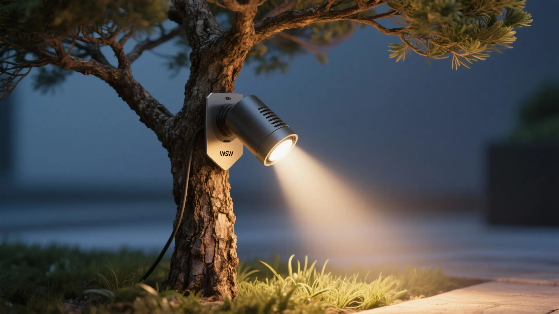 Small metal light fixture mounted on tree trunk shining warm light onto green grass outdoors