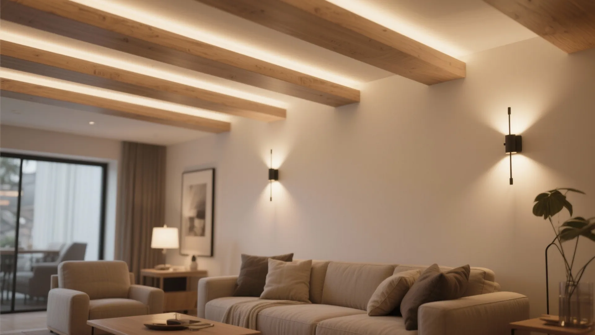 Uplight wall sconces casting warm light to a tall ceiling