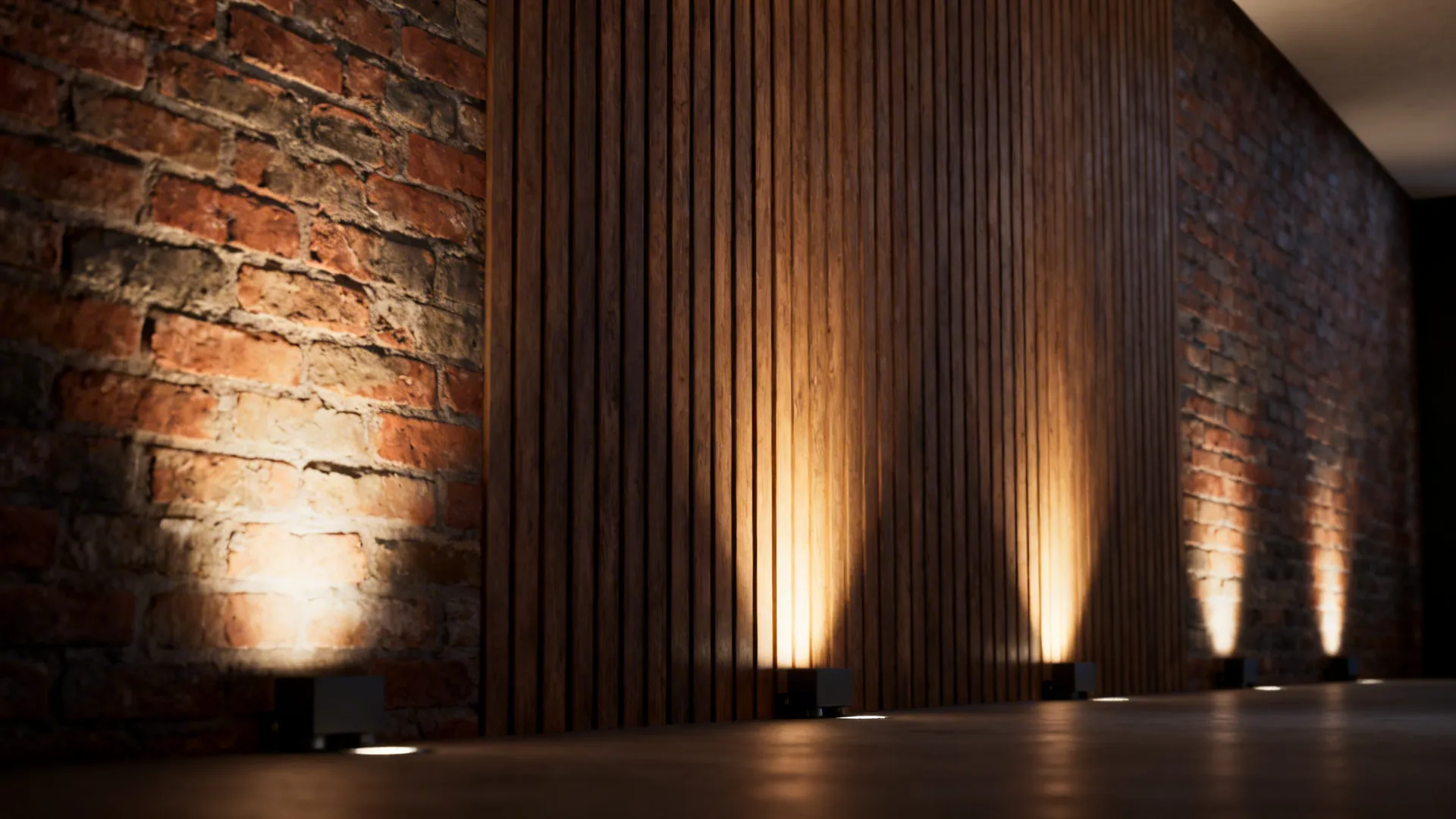 Uplights softly washing a tall textured wall to create warmth and highlight materials.