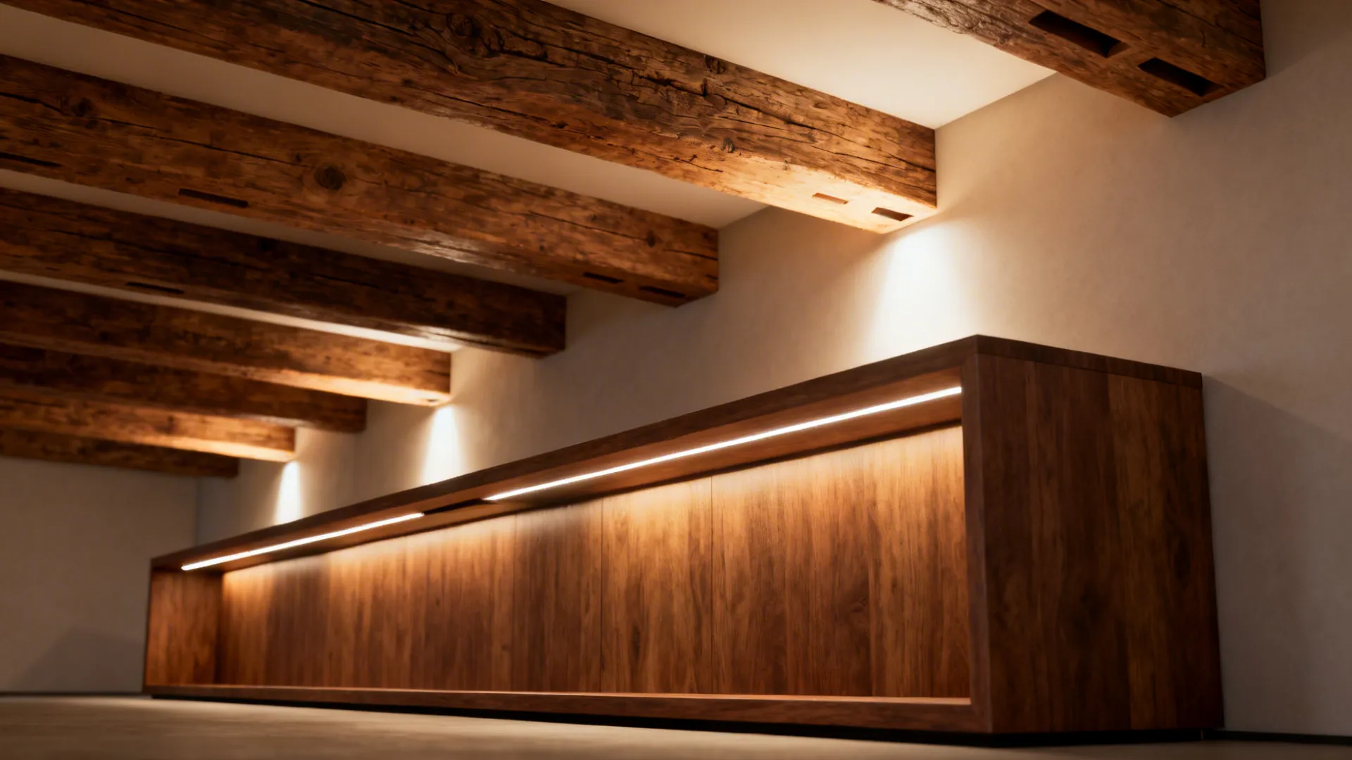 Concealed LED uplights behind a console washing timber rafters and increasing perceived height.