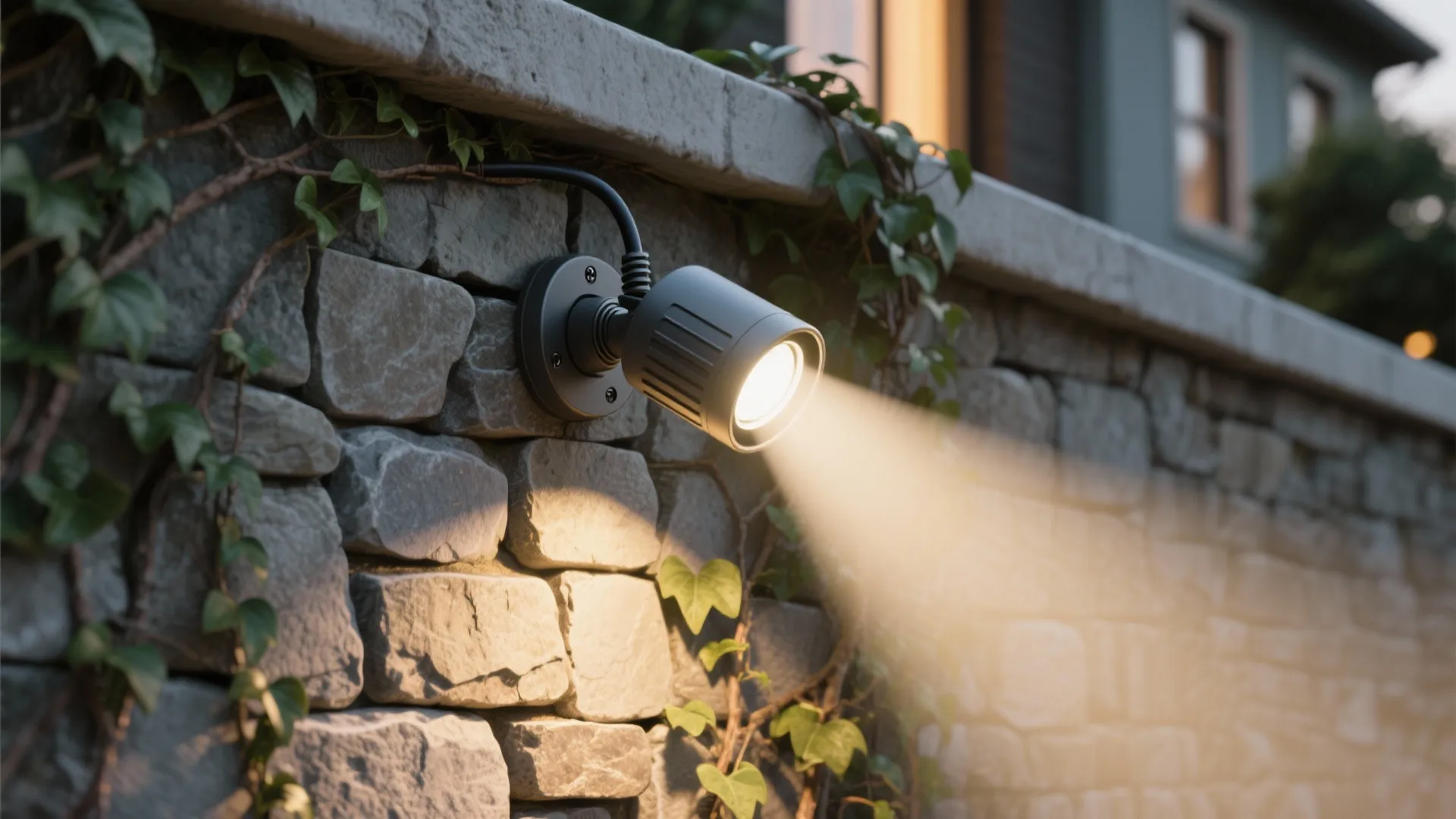 Small black wall light mounted on stone fence with green vines shining light across stones