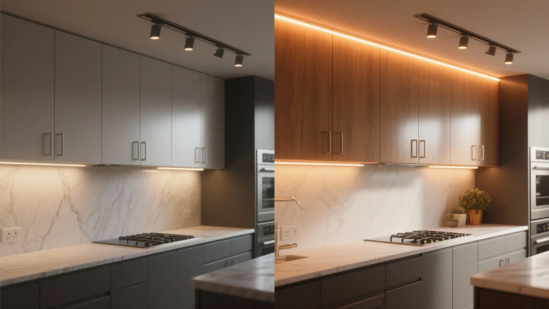 Before and after comparison of kitchen cabinets with white finish versus warm wood texture lighting