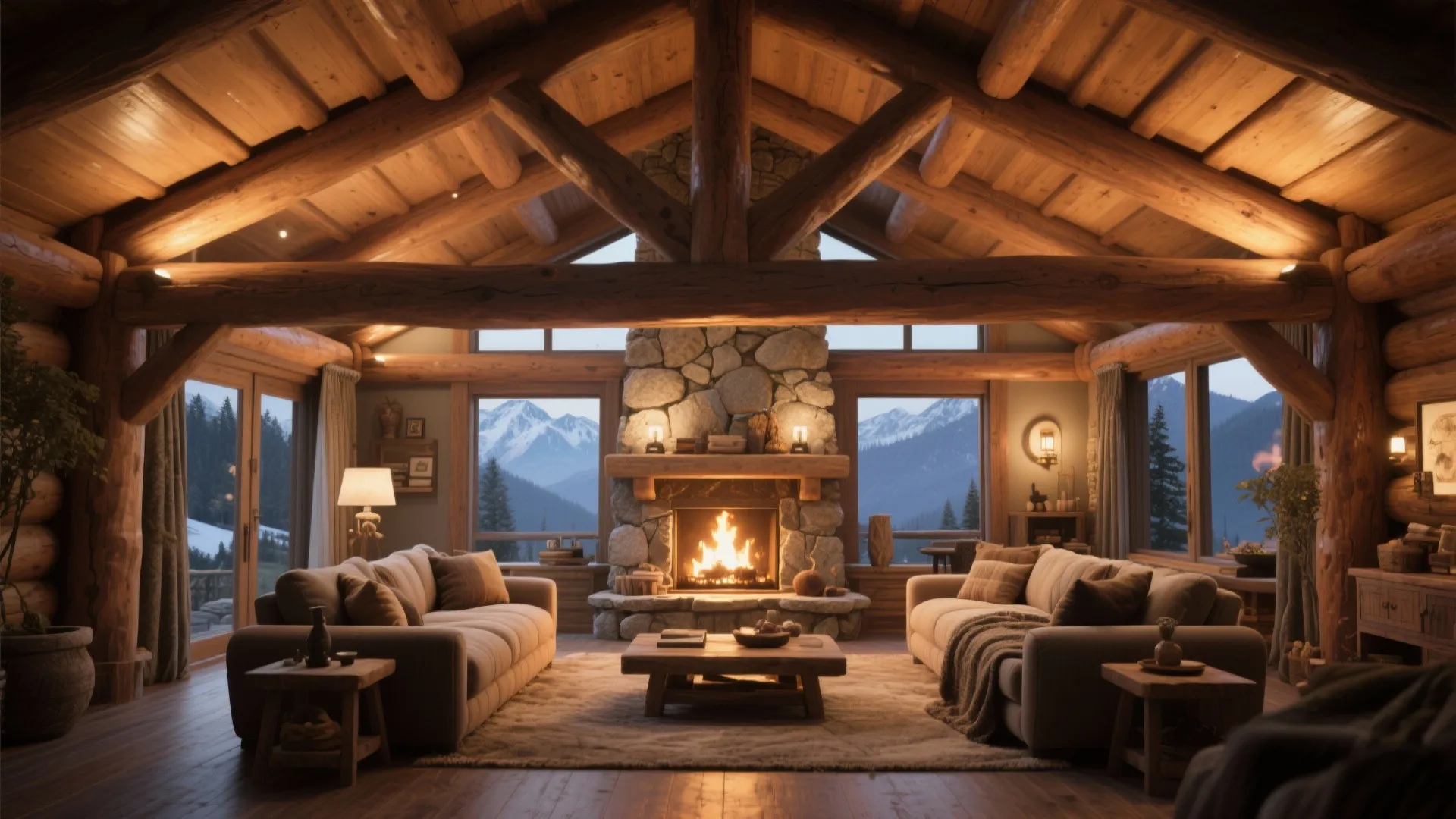Wooden beams in mountain lodge highlighted with warm uplighting