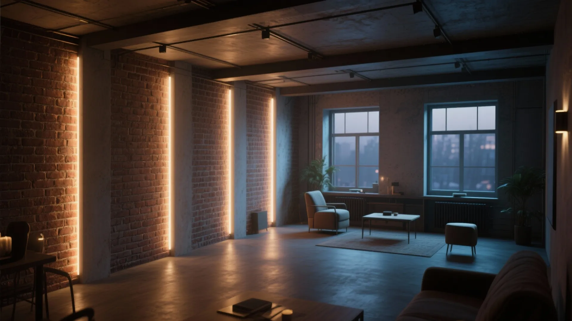 Modern industrial living room featuring brick walls with vertical light strips and two large windows