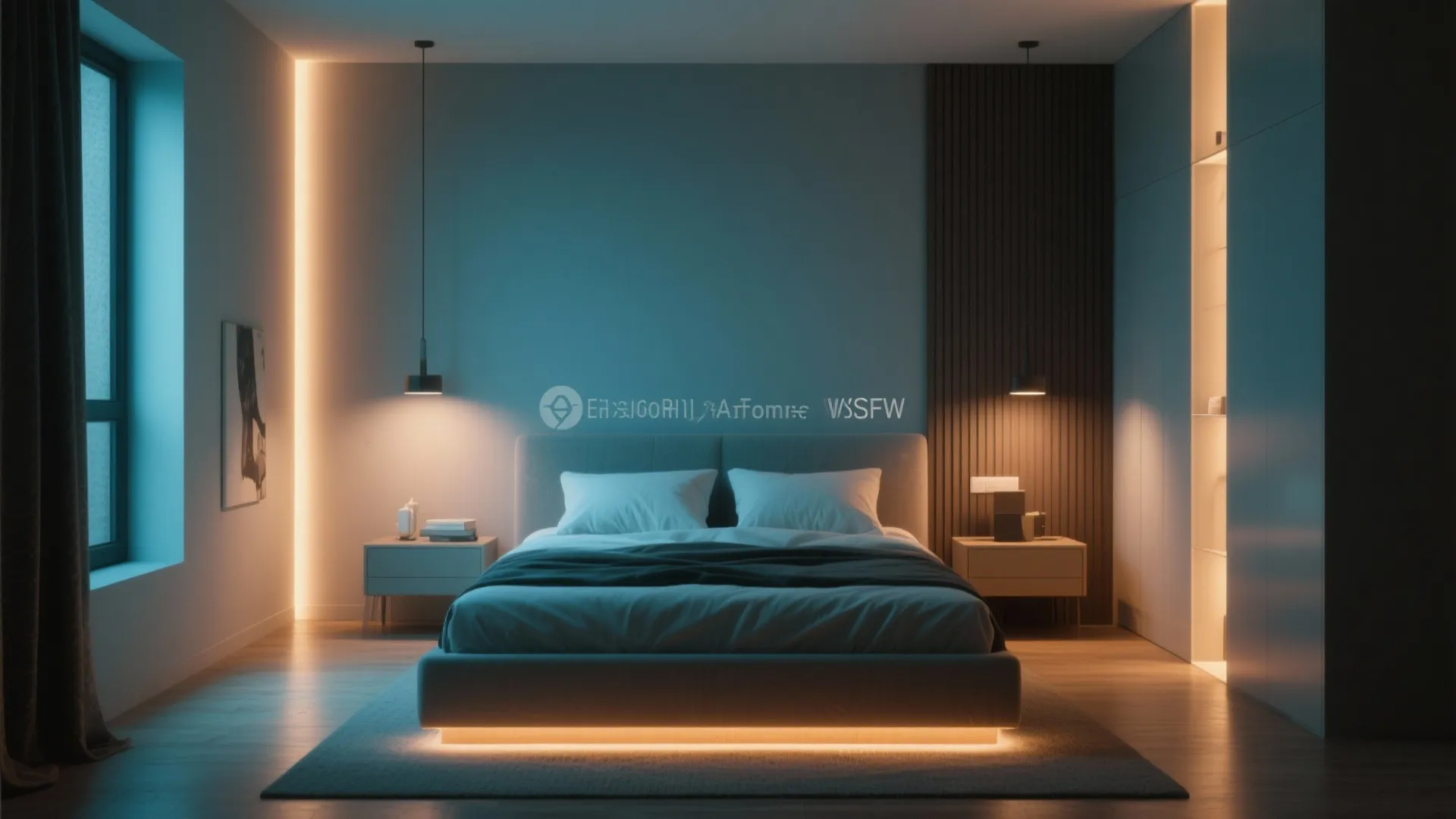 Modern bedroom with blue walls integrated bed frame lighting hanging ceiling lights and wood panel