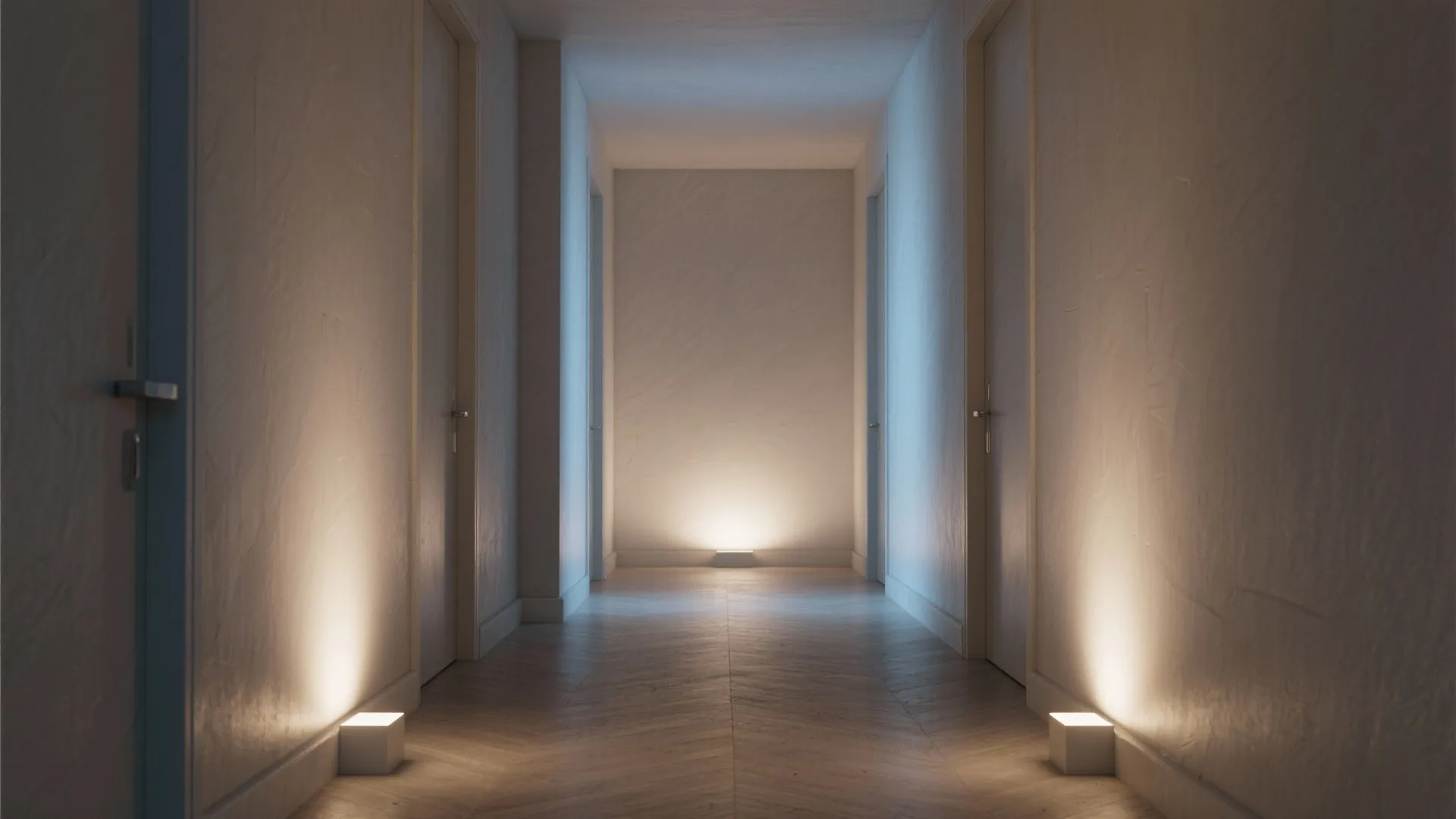 Simple hallway with wooden flooring multiple white doors and small floor lights pointing at wall