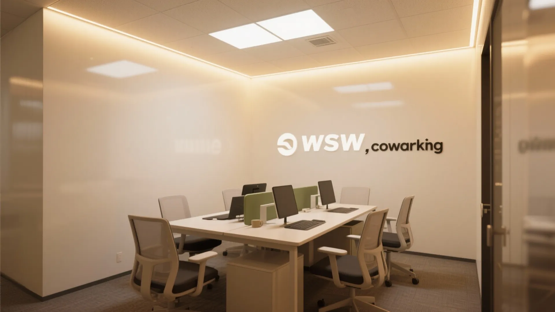 Modern coworking office space with white desks grey chairs computers and warm hidden wall lights