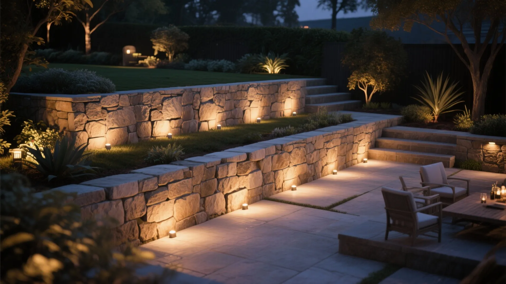 Modern backyard stone wall with warm light fixtures illuminating a patio area at night time