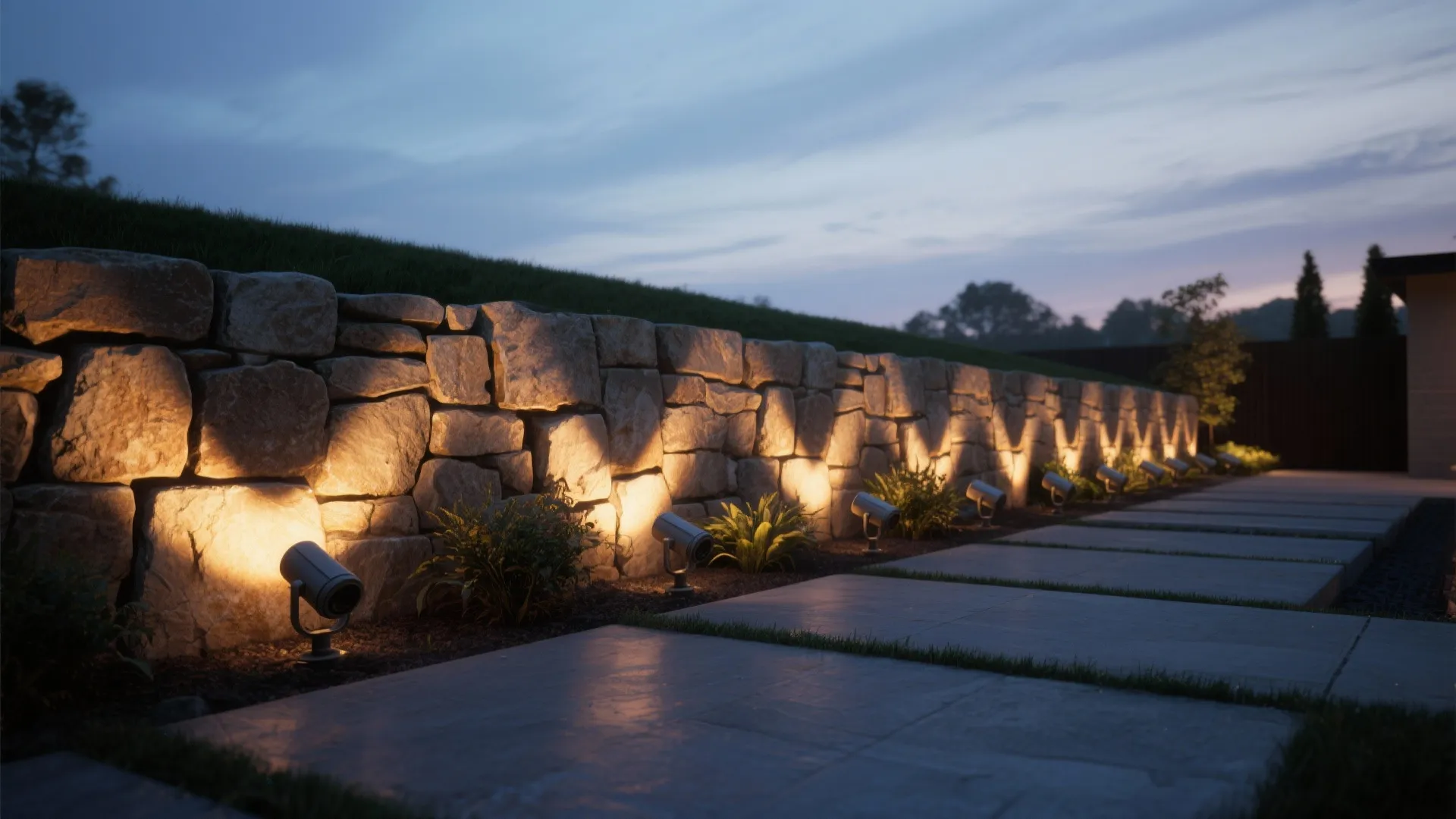 Stacked-stone retaining wall lit from below by directional uplights, highlighting texture and shadows.
