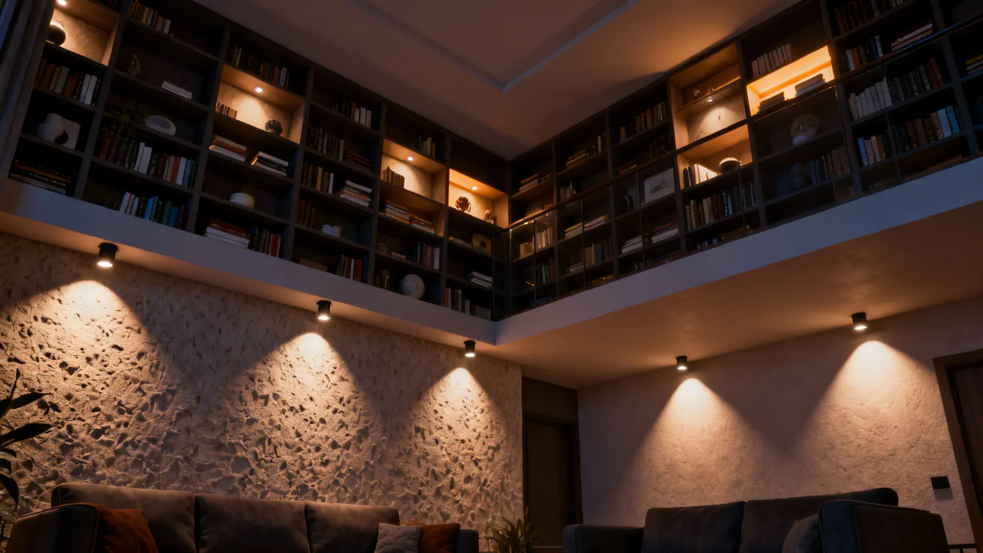 Adjustable uplights washing a tall bookshelf and textured wall to add warmth and depth.