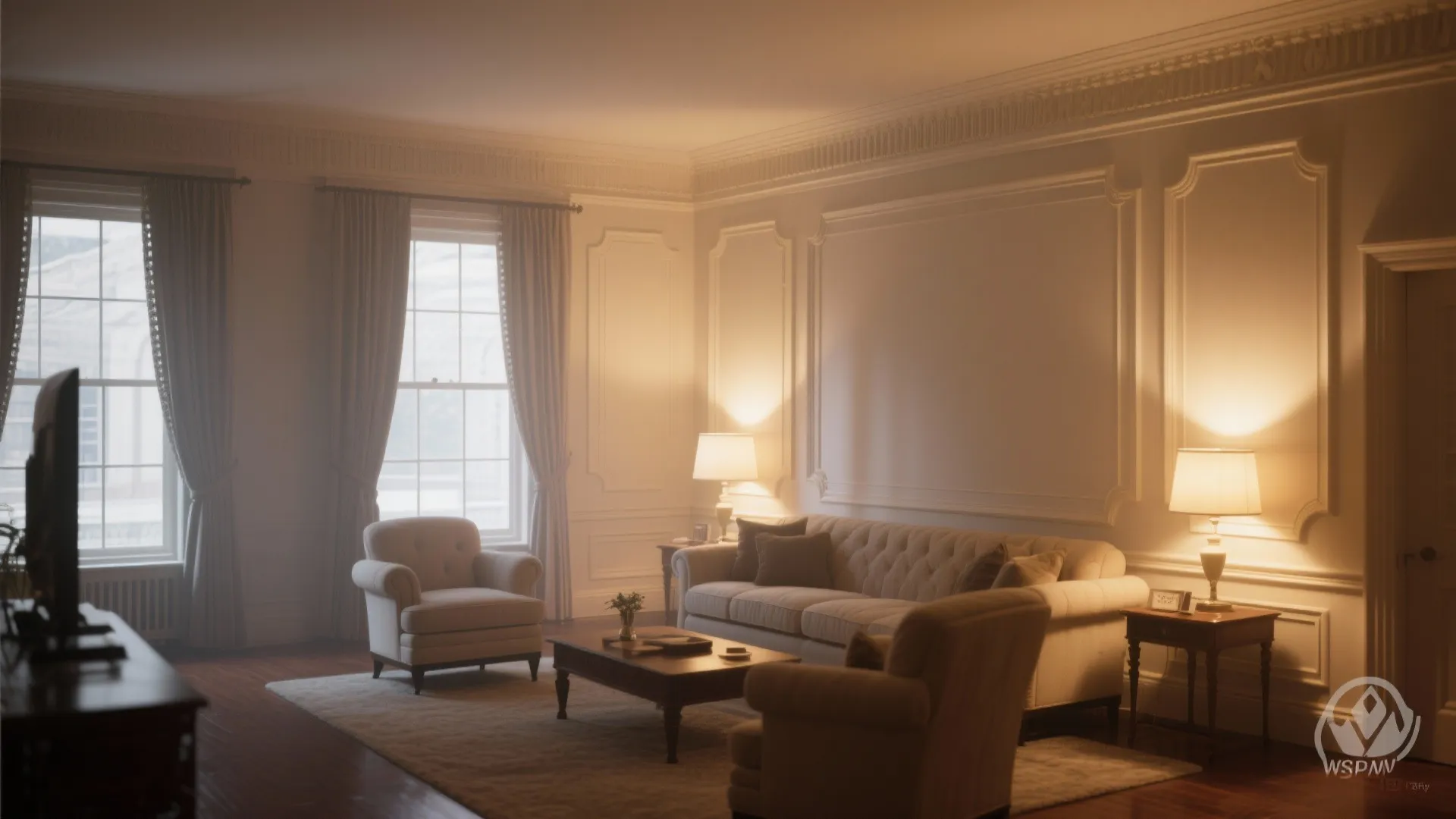 Living room walls softly lit by ambient uplights