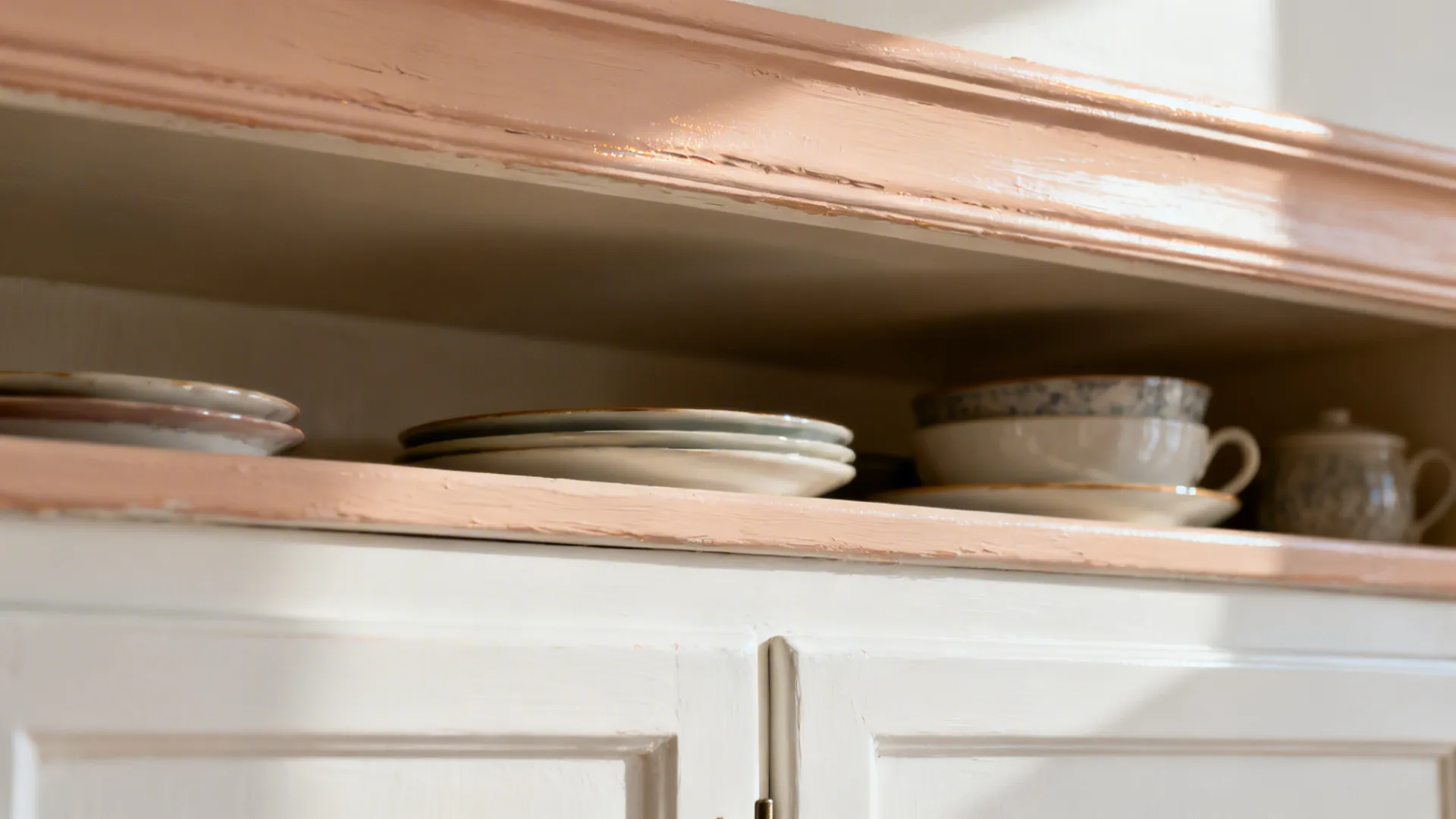Close up of pink wooden shelf with white ceramic plates and tea cups in bright kitchen