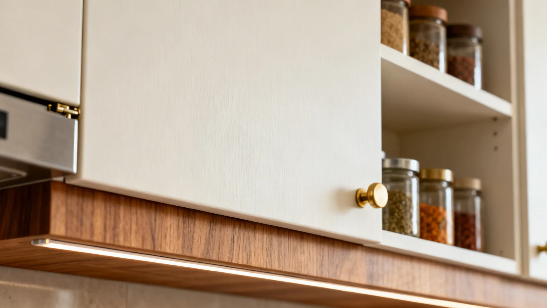 Macro of stacked upper cabinet textures, LED rail, and brass pull in a small kitchen.