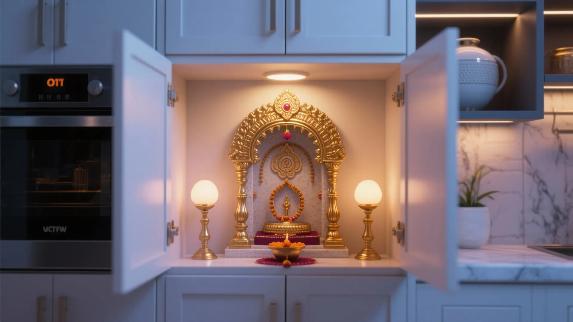 White kitchen wall cabinet opened to show a small golden altar with two round lights