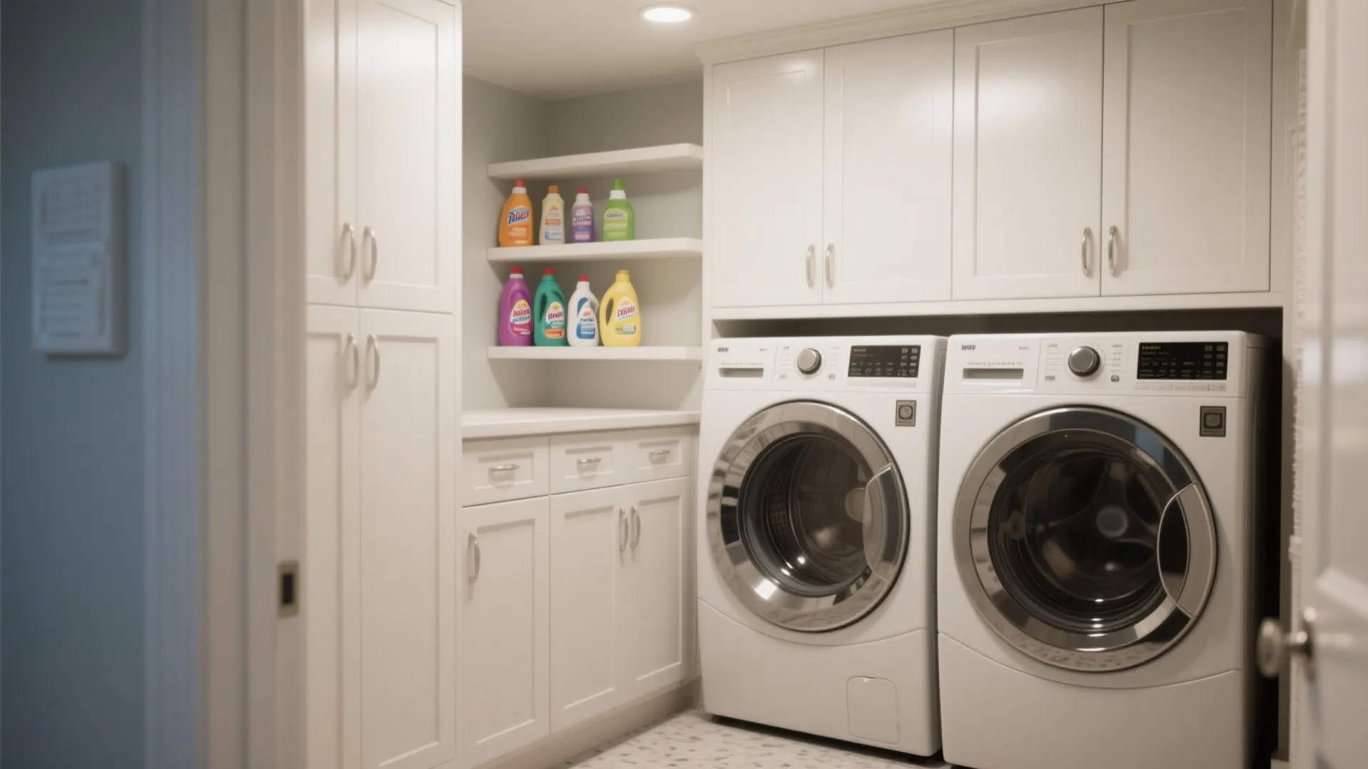 Modern laundry room featuring white cabinets with metal handles and two washing machines side by side