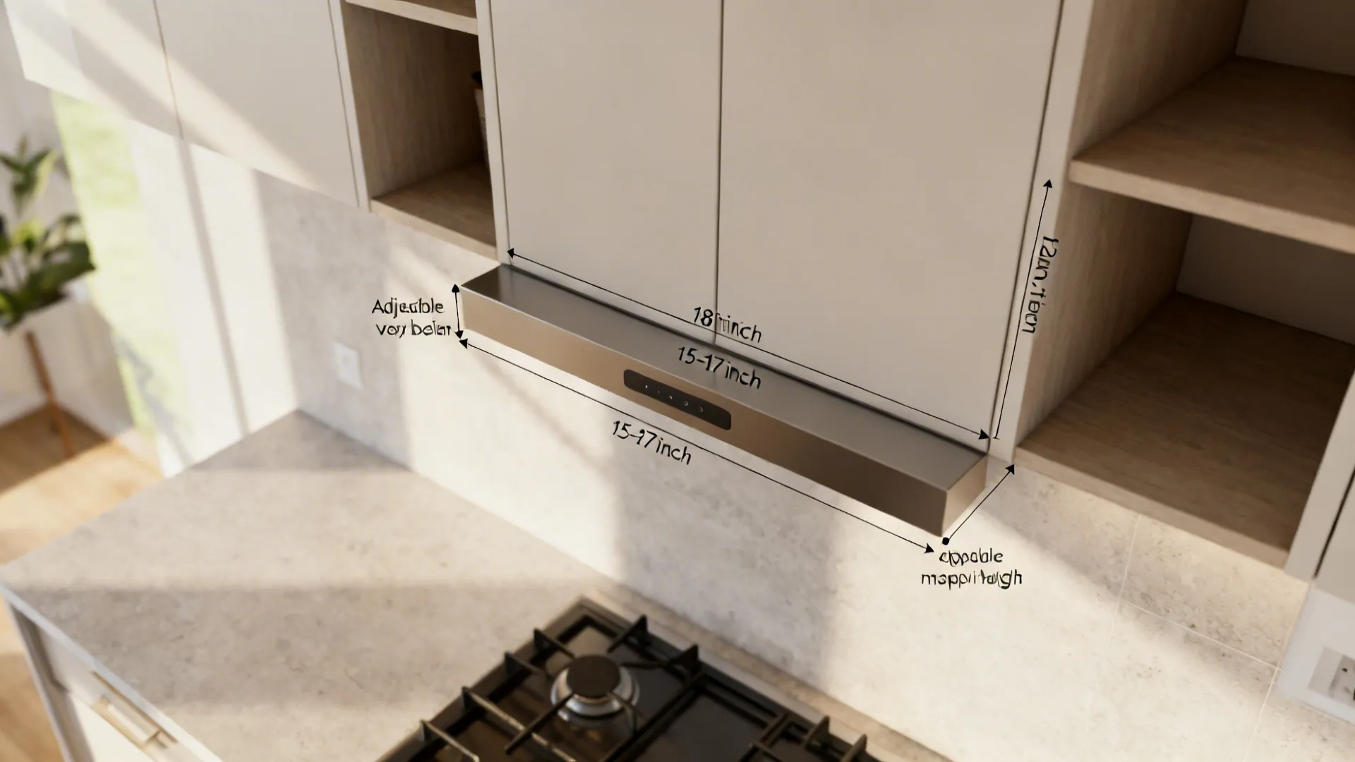 Top-down scene illustrating upper cabinet depth and counter-to-upper clearance in a small kitchen.
