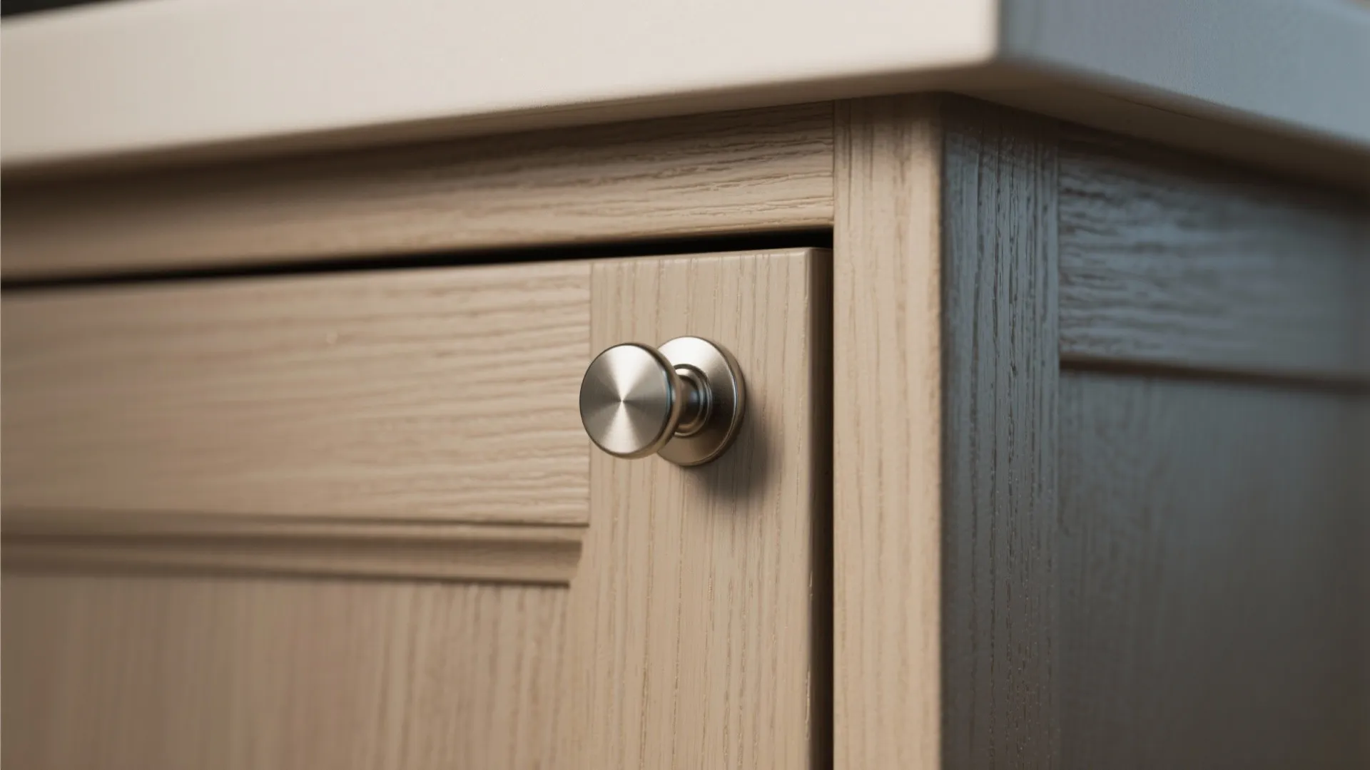 Close-up of a shaker cabinet showing a knob placed at the upper outer corner about 2–3 inches from edges.