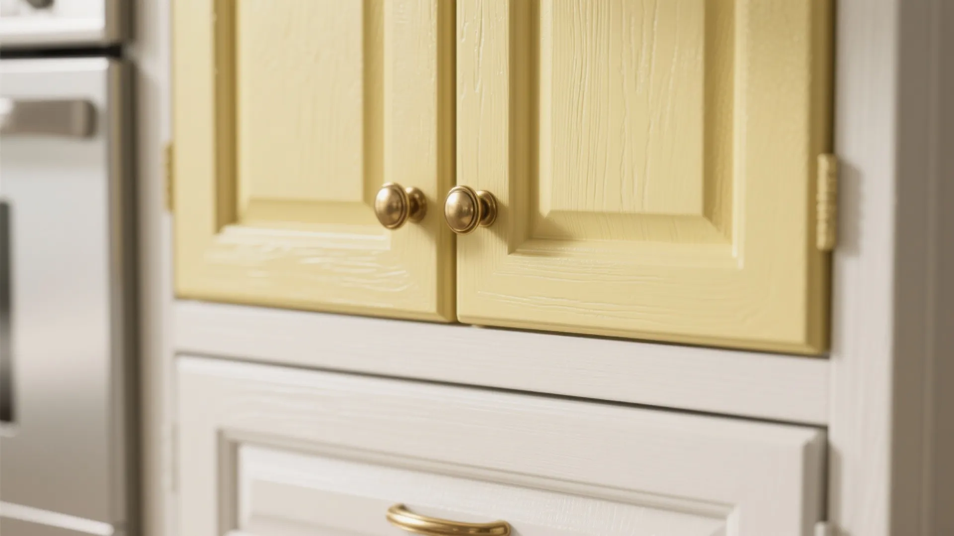Close-up of buttery yellow upper cabinet and crisp white lower drawer with brass hardware.