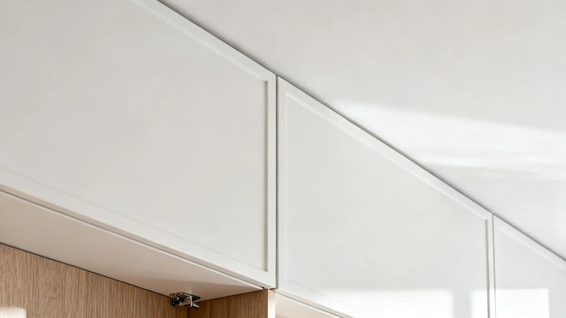 Macro of matte white cabinet door with perfect alignment and ceiling scribe panel.